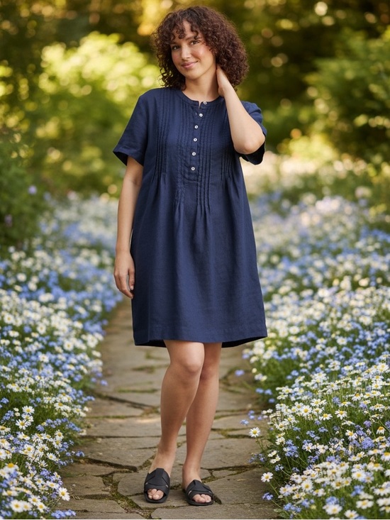 Quince Dresses & Skirts - QUINCE 100% EUROPEAN LINEN SHORT SLEEVE MINI SWING DRESS SZ L IN DEEP NAVY